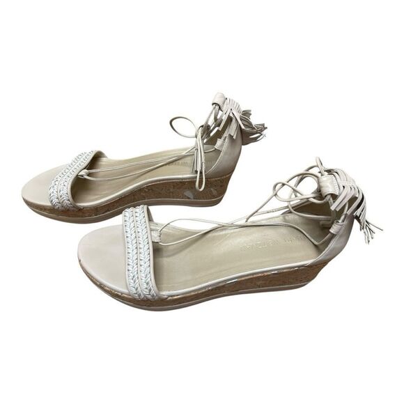 Stuart Weitzman Shoes - Stuart Weitzman Cream Wedge Sandals Lace Up Fringe Tassels Bohemian Sz 10